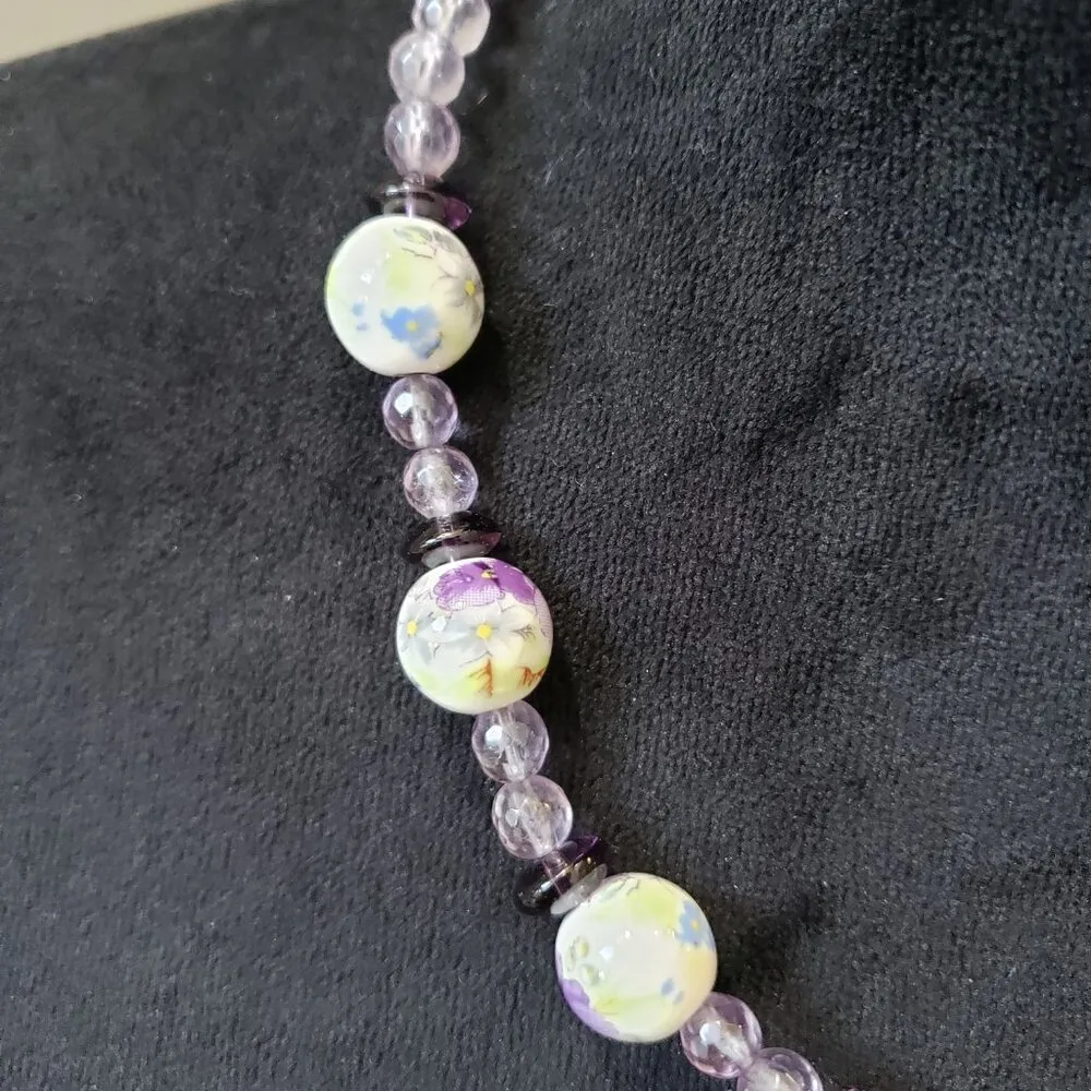 Women Fashion Rock Crystal Acrylic Beads Haematite Spacers Necklace w/ Box Clasp Purple - Image 5