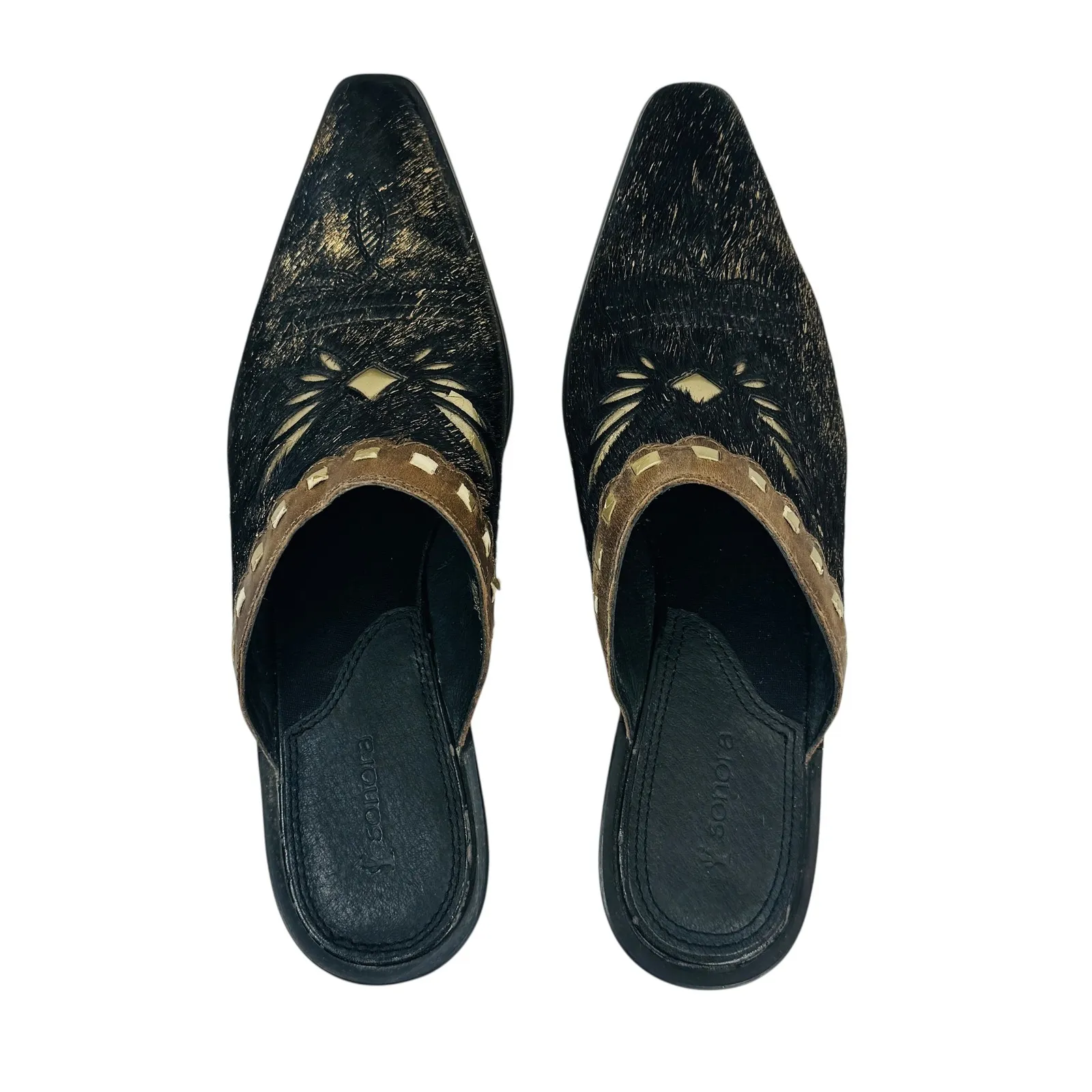 Sonora Hair On Hide Western Mules Sz 6 Black Gold Leather Cowgirl‎ Heels Boho - Image 11