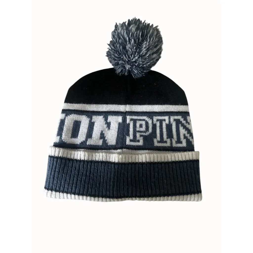 Victorias Secret PINK Nation OS / TU Black & Grey Knit Pom Pom Beanie Hat - Image 5