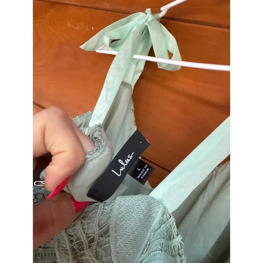 NWOT Lulus Won Your Heart Sage Green Lace Tie-Strap High-Low Midi Dress Size L - Image 6