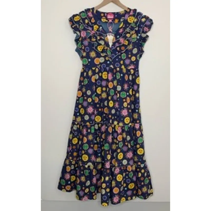 Celia B Atlas Dress Midi Navy Multi Womens New Size Medium Summer Belted Blue - Image 3