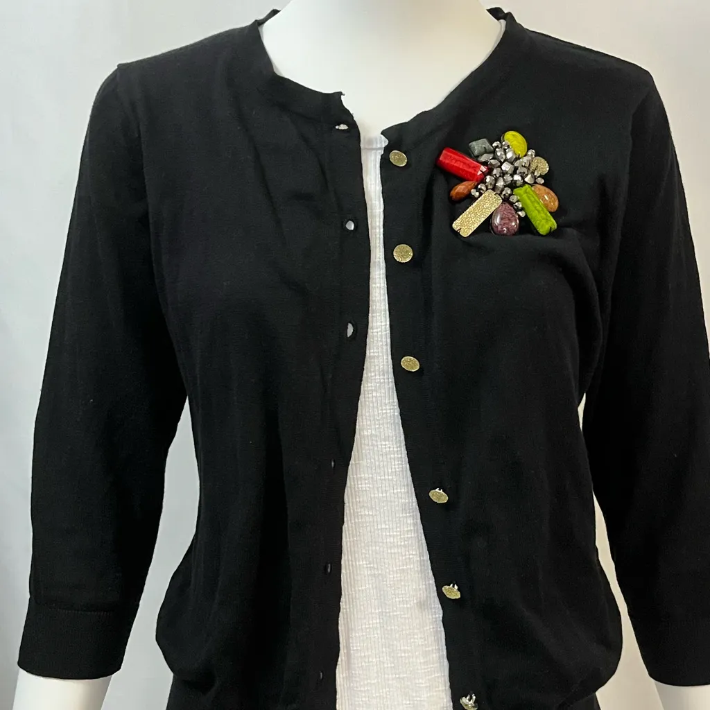 August Silk Black Cardigan Knitwear with attached elegant brooch sparkle buttons - Image 3
