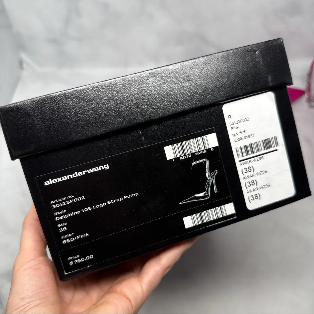 Alexander Wang Delphine Rhinestone Logo Strap Pointed Toe Pump Heels Hot Pink 38 - Image 13