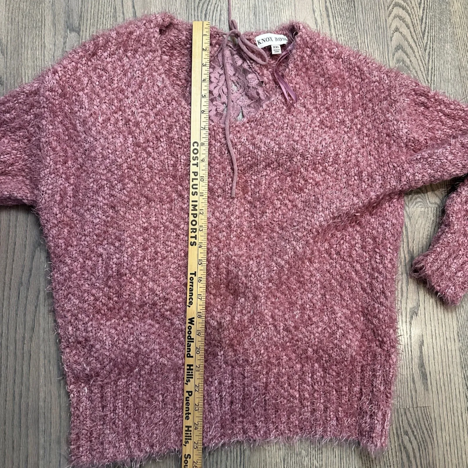 Knox Rose XXL Pink Fuzzy Knit V-Neck Sweater Lace-Up Back‎ Detail - Image 4
