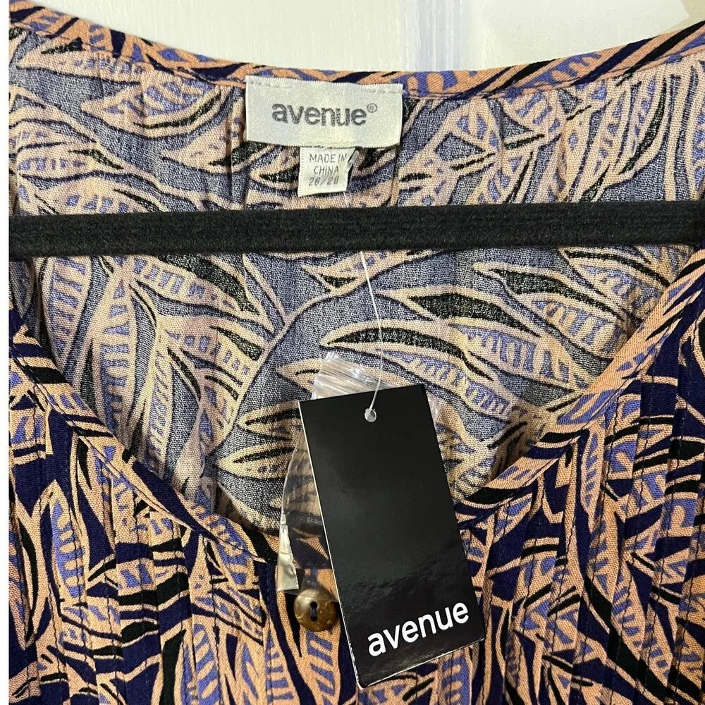 Avenue SIZE 26/28 Leaf Patterned Button Up Top Olivia Pintuck Shirt Blouse Blue - Image 8
