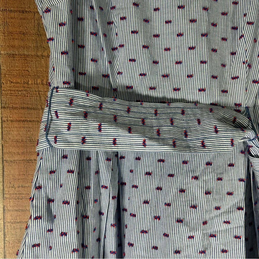 1901 Nordstrom Blue Clipdot Stripe Pleat Collar Cotton Linen Tie Dress 2 Petite - Image 5