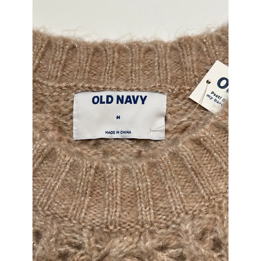 Old Navy Blush Pink Ruffle Trim Metallic Pointelle Knit Sweater Sz M - Image 7