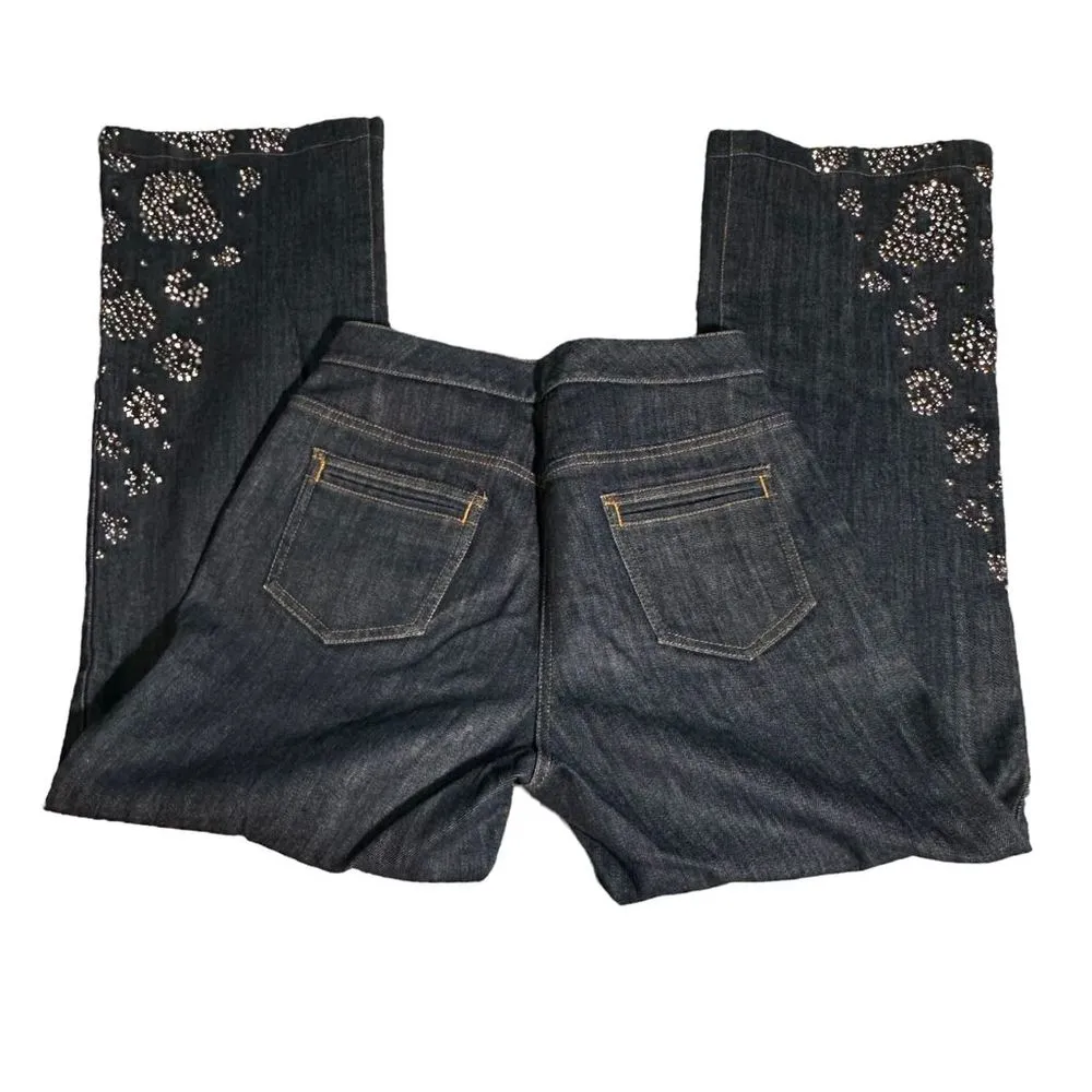 St. John Couture Embellished Straight- Leg Denim Jeans Rhinestones Mid-Rise Sz 8 - Image 6