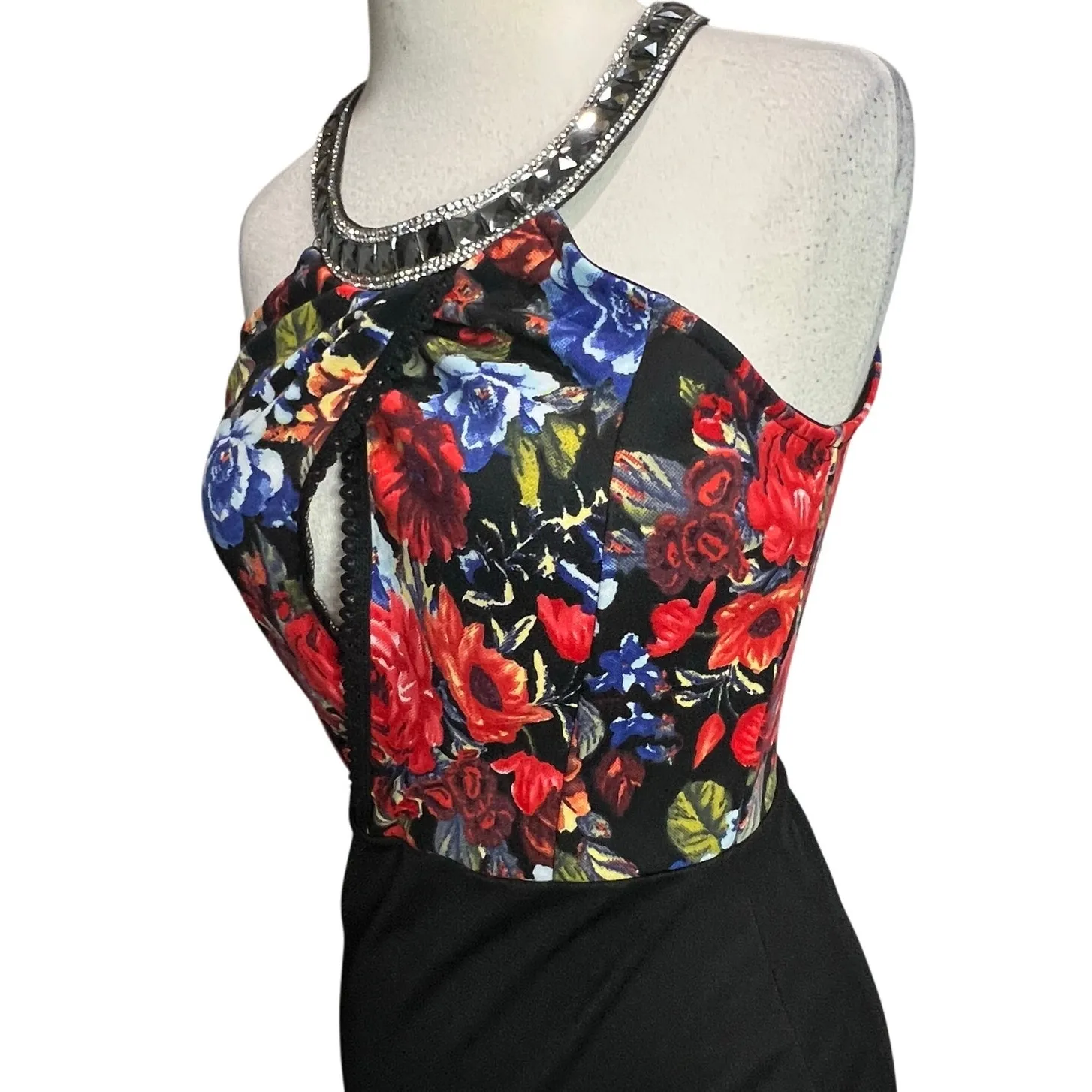 A'gaci Maxi Dress Womens M Black Floral Fitted Mermaid Ruffle Hem Blogger Fave - Image 3