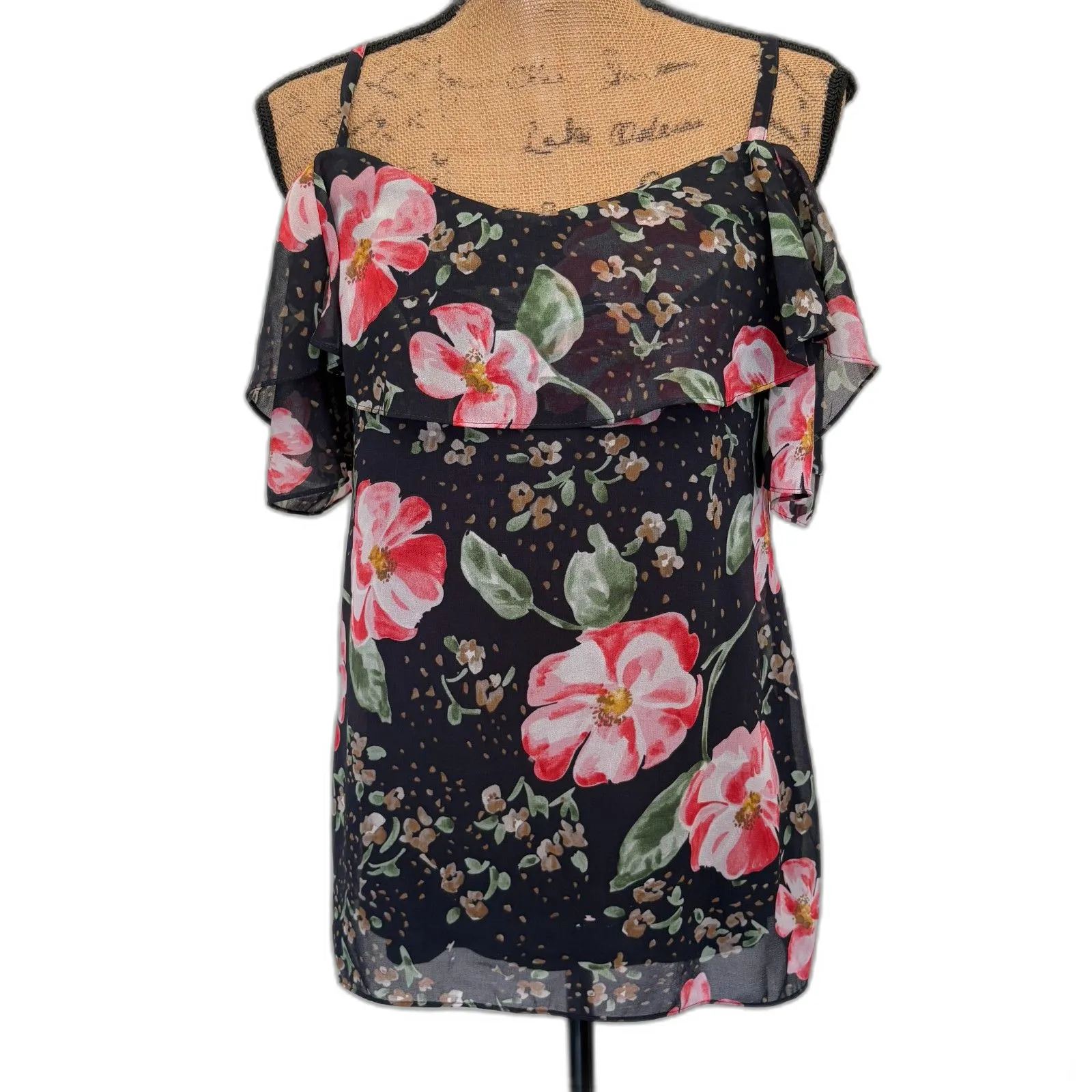Cabi #5220 Fairytale Floral Blouse Cold Shoulder Romantic Black Pink Size XS‎ - Image 2