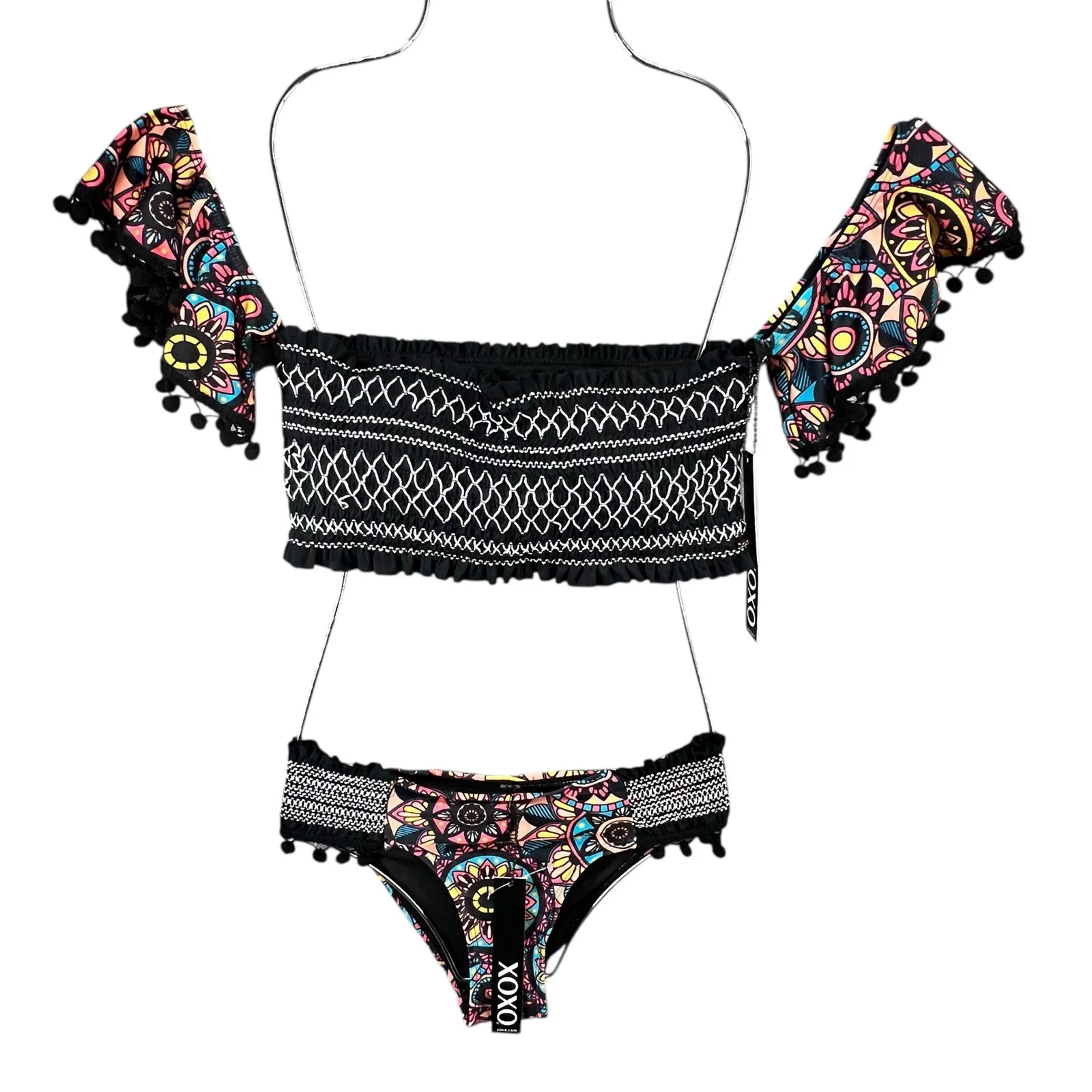 XOXO Two Piece Swimsuit Womens M Black Bandeau Top & Bottom Off Shoulder Smocked - Image 2