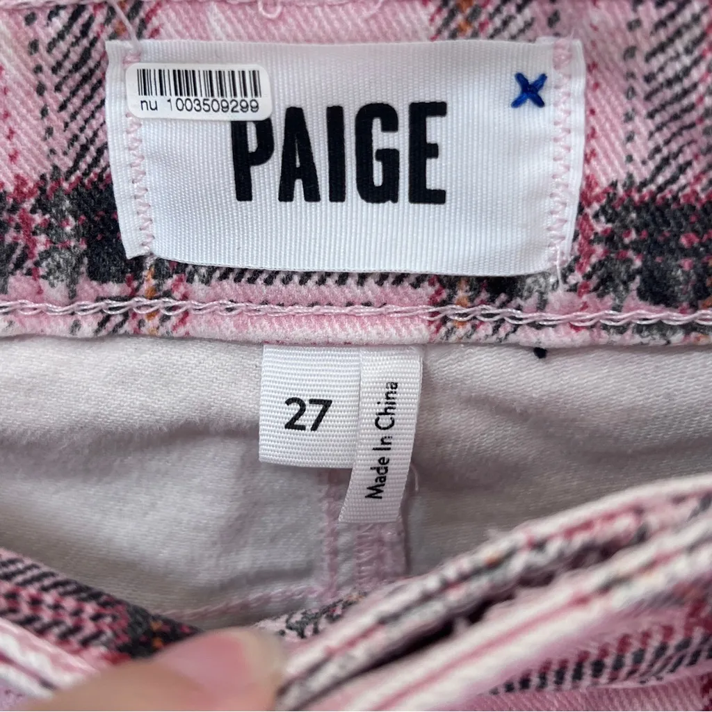 PAIGE Hoxton Bright Blush Tartan Plaid Slim Jeans 27 Raw Hem - Image 2
