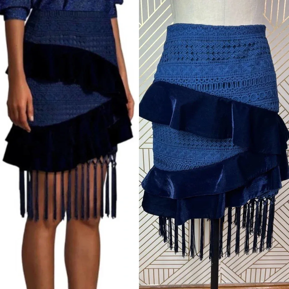 PatBo Velvet‎ Lace Crochet Fringe Brazil Skirt in Blue Navy Size US 2 - Image 2