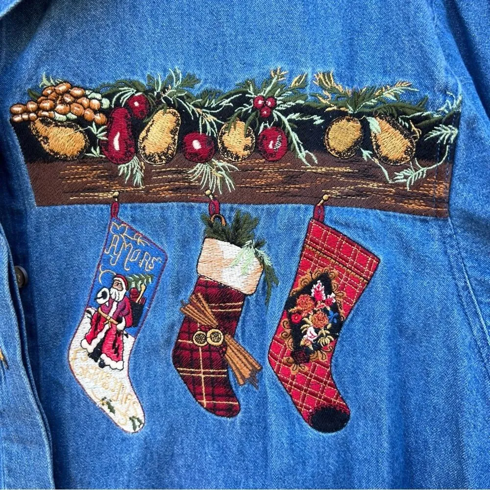 Vintage 90s Rustic Americana Cowboy Christmas Embroidered chambray Shacket shirt Size L - Image 4