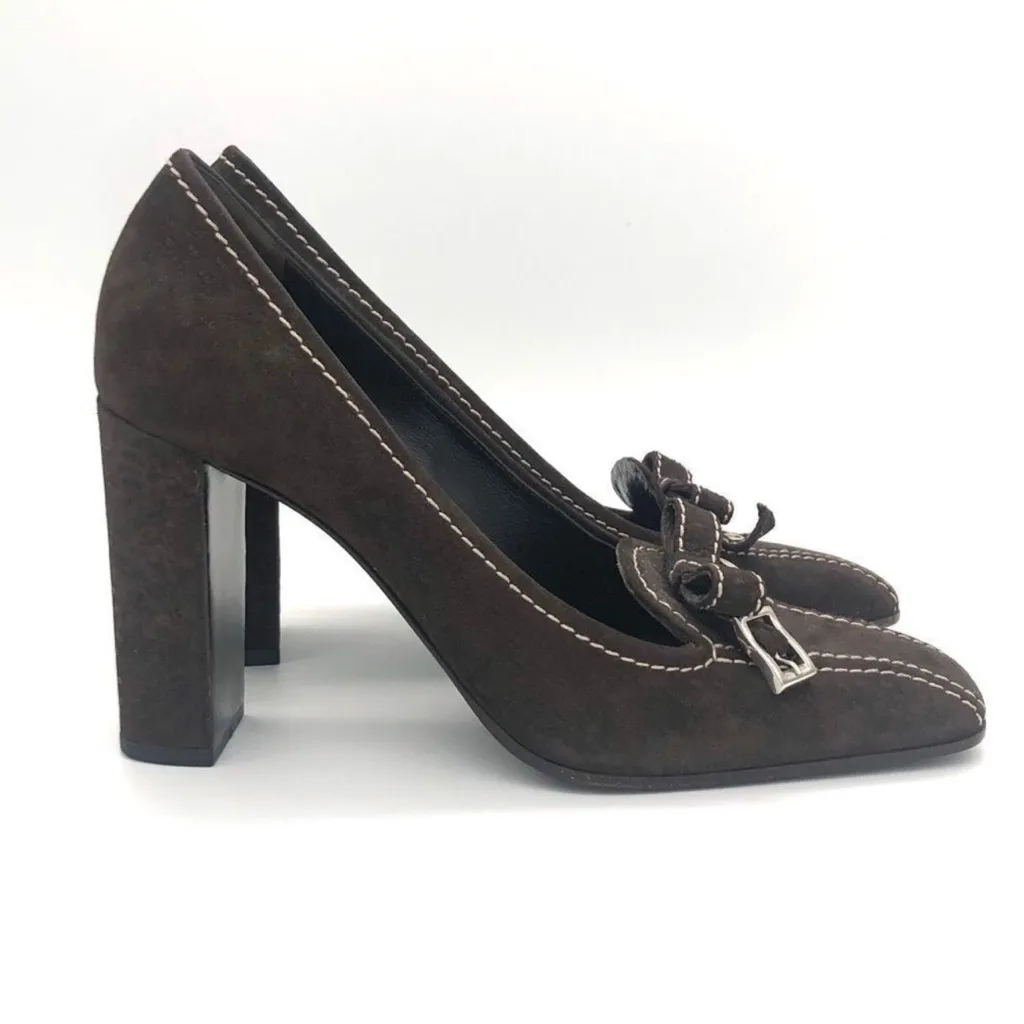 Prada Women's Dark Brown Leather  Suede Heels - Image 2