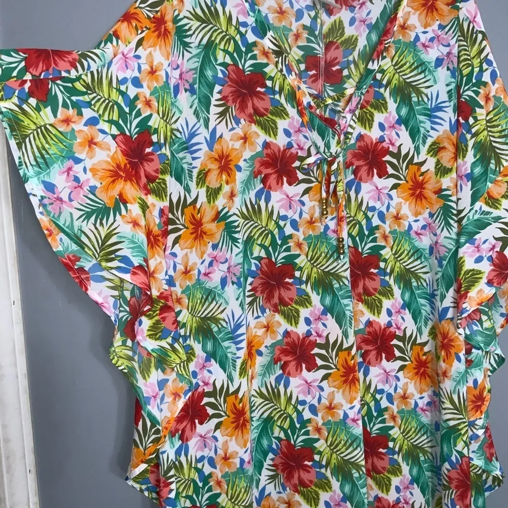Tim & Tru Colorful Tropical Closed Kimono Style Swim Cover Lace Front 1X NWOT - Image 3