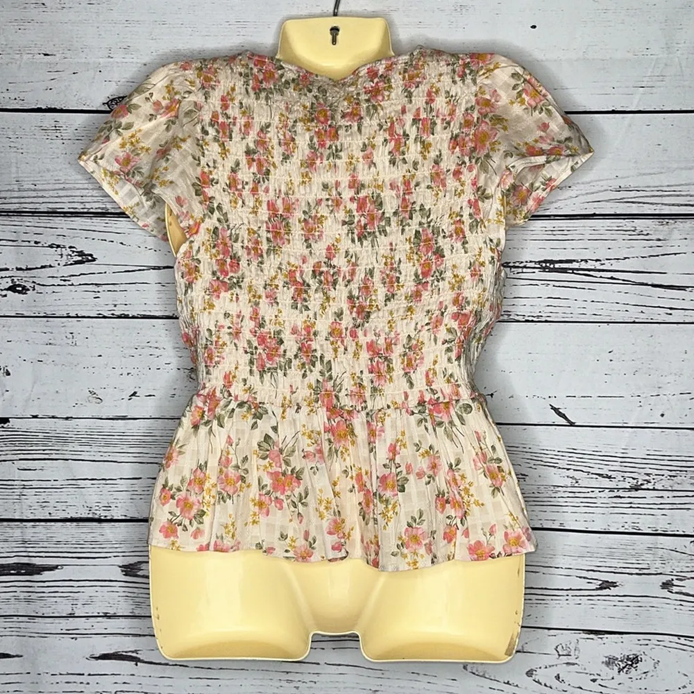 American Eagle NWT Size M Plaid - Floral Smock Elastic Peplum Hemline Cotton Top - Image 3