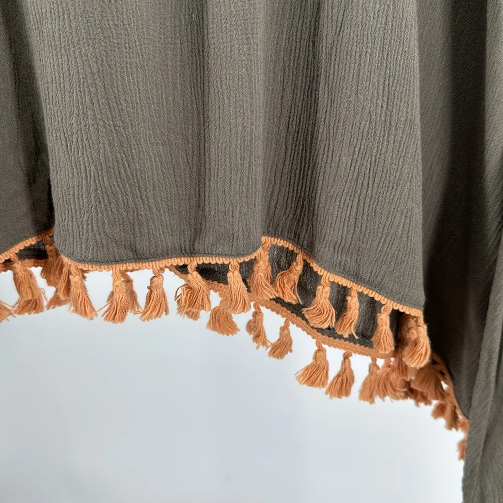 Umgee S Boho Olive Tunic mini dress Embroidery fringe tassels coverup oversized - Image 4