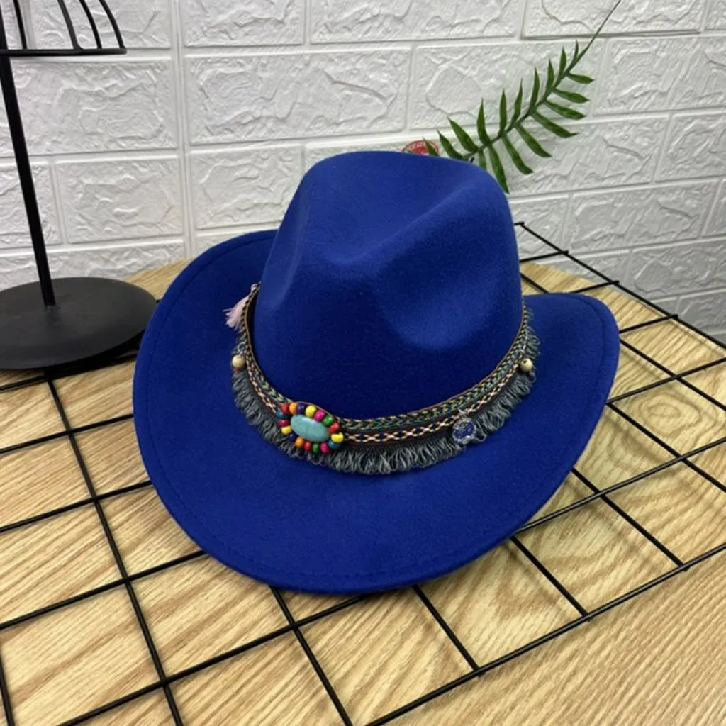 Blue Western Cowboy, Cowgirl Hat, Bead Tassle Strap, Men Women‎ Retro Wide Brim - Image 2