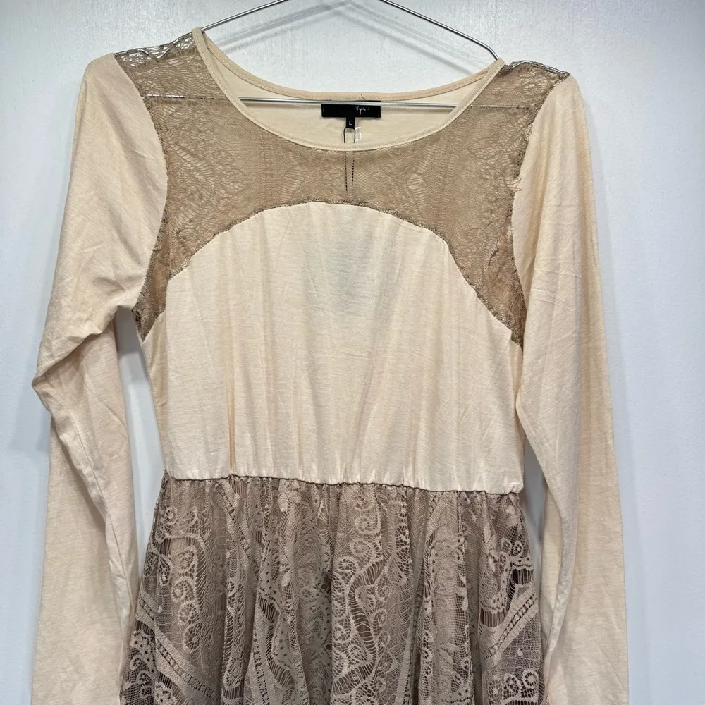 Ryu Cream & Taupe Knit Bodice Lace & Mesh Overlay Asymmetric Hem Fairy Dress - Image 4