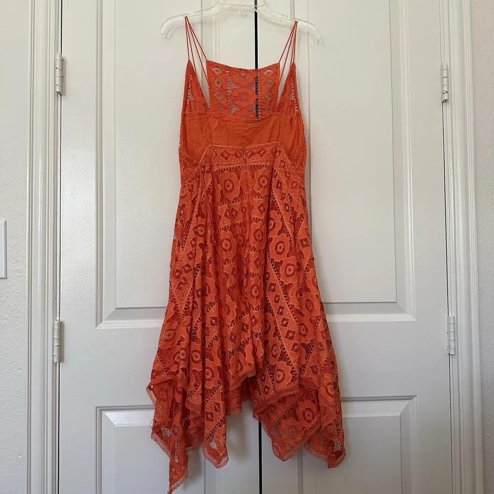 Free People Just Like Honey Orange Asymmetrical Lace Short Dress Sz 6 - Image 2