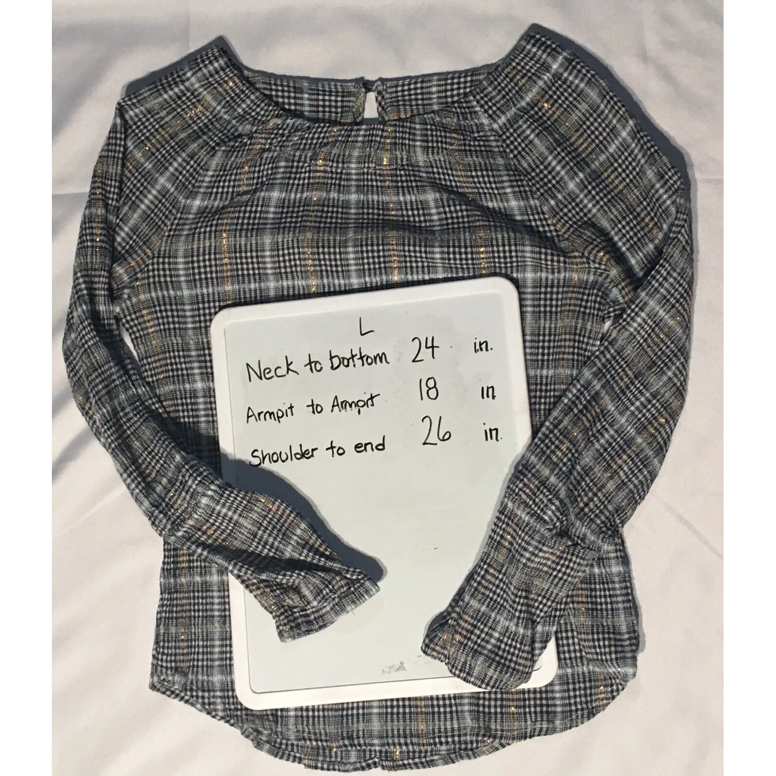 Anthropologie‎ Pilcro Shari Smocked Blouse Large Blue Plaid With Gold Striped - Image 4