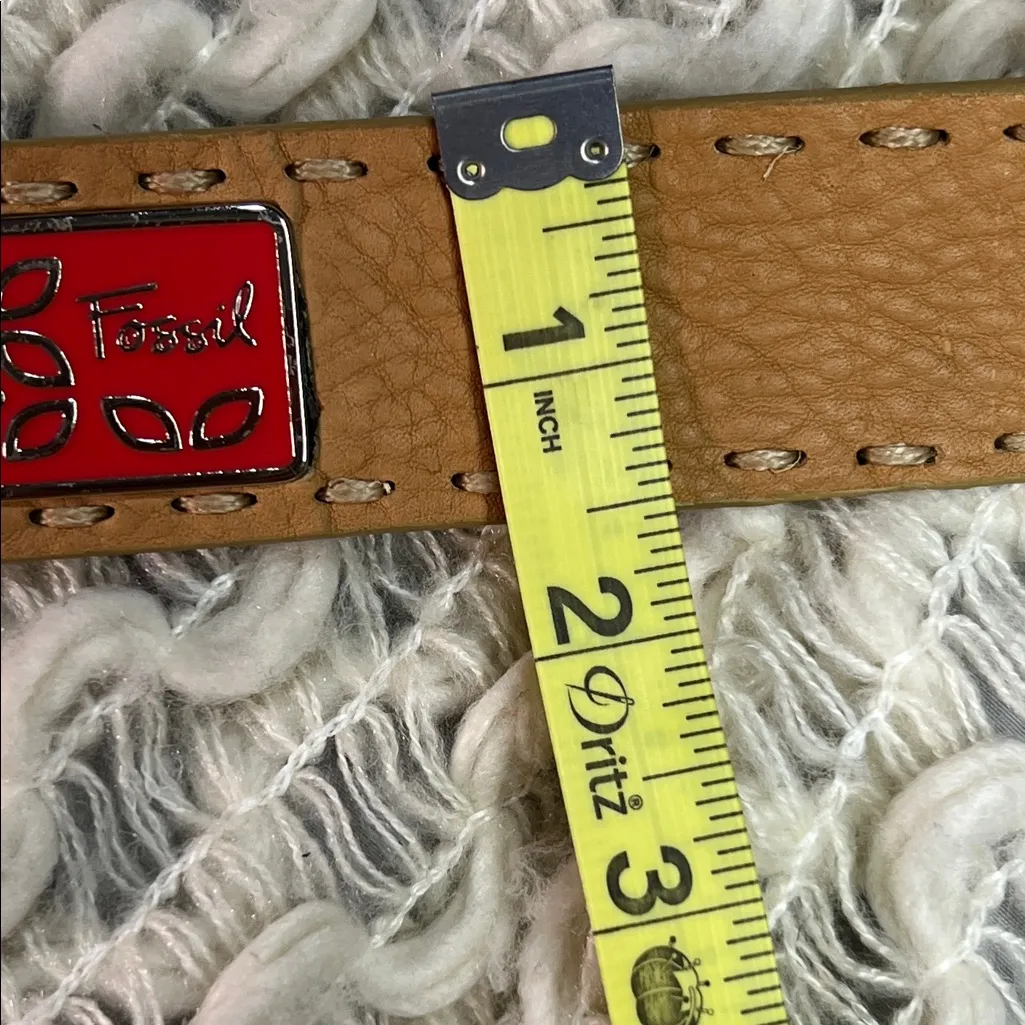 Fossil Tan Leather Belt with Red Enamel Floral and Silver Accents with Stitching - Image 7