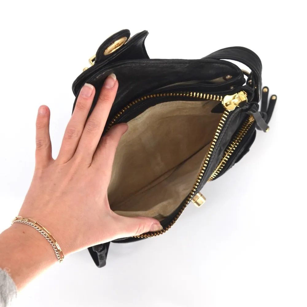 Botkier Bianca Satchel Shoulder Bag Lambskin Leather Black Gold Small - Image 5