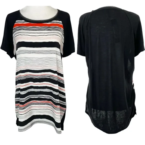 New  Striped Woven Front Solid Knit Back Short Sleeve Top Size Small - Image 2