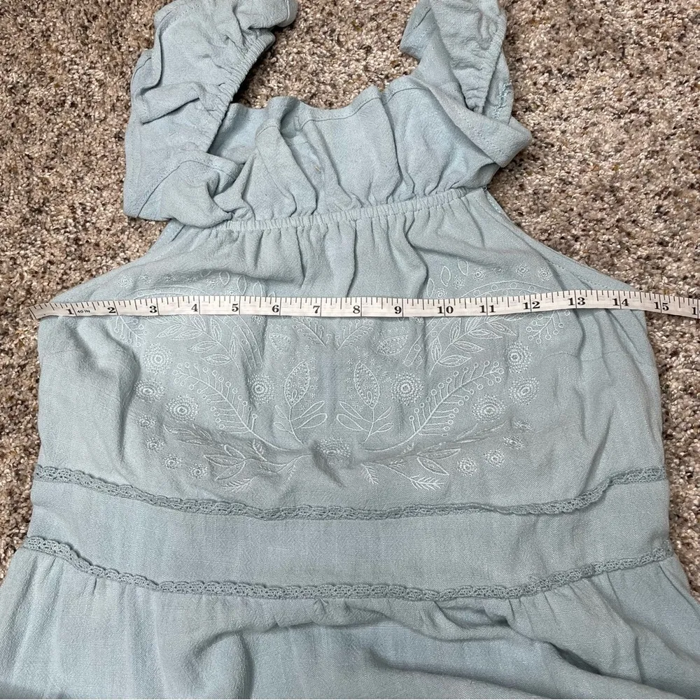 Altar’d State Blue Chambray Floral Embroidered Smocked Ruffle Mini Dress Medium - Image 6