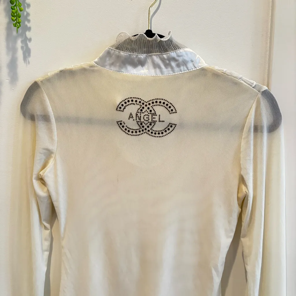 Euro Qian Wan Zi CC Angel Cream Micro Mesh Pearl Gems & Ruffle Long Sleeve L Size L - Image 7