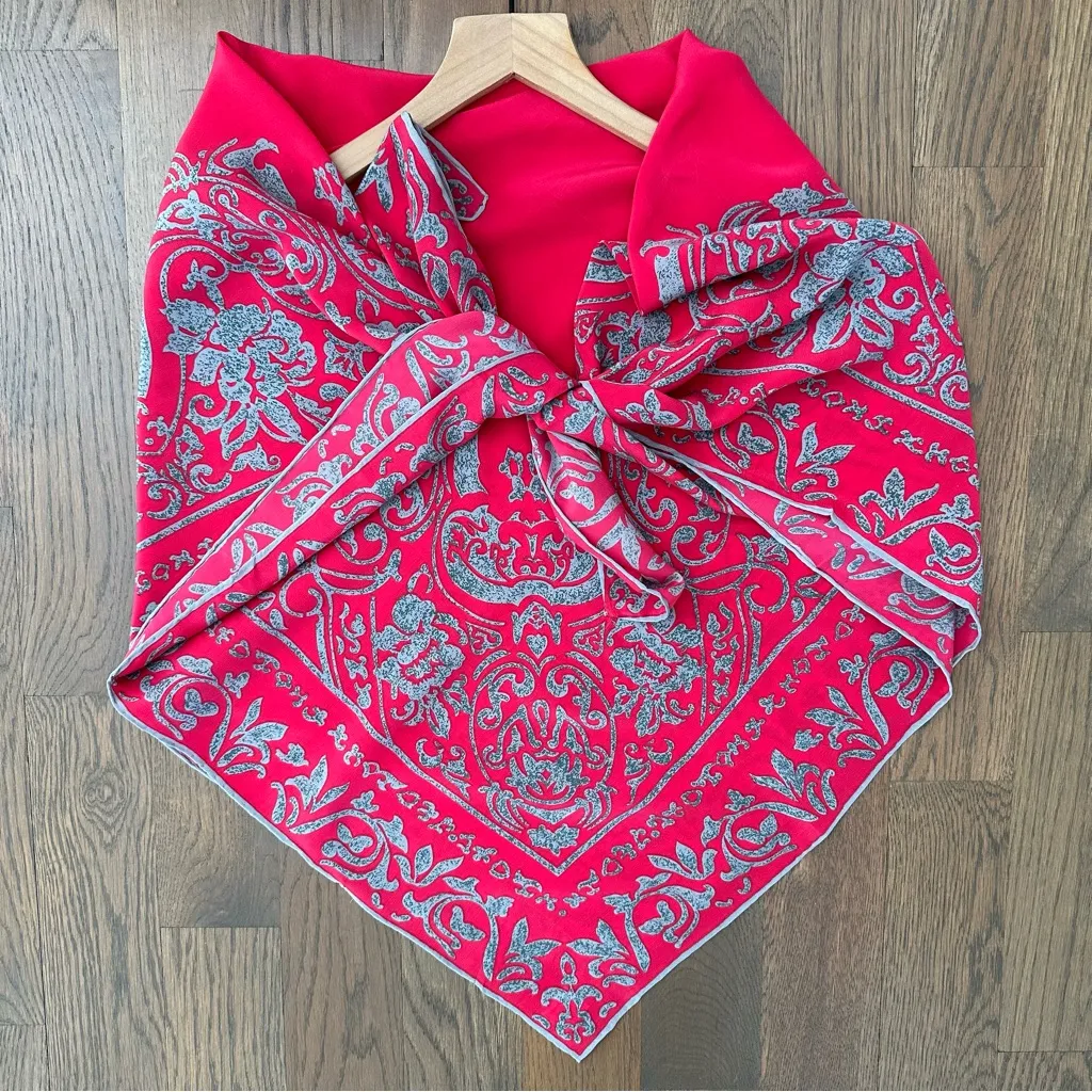 Anthropologie Vintage 100% Silk Paisley Printed Square Scarf Pink and Grey 40"l - Image 5