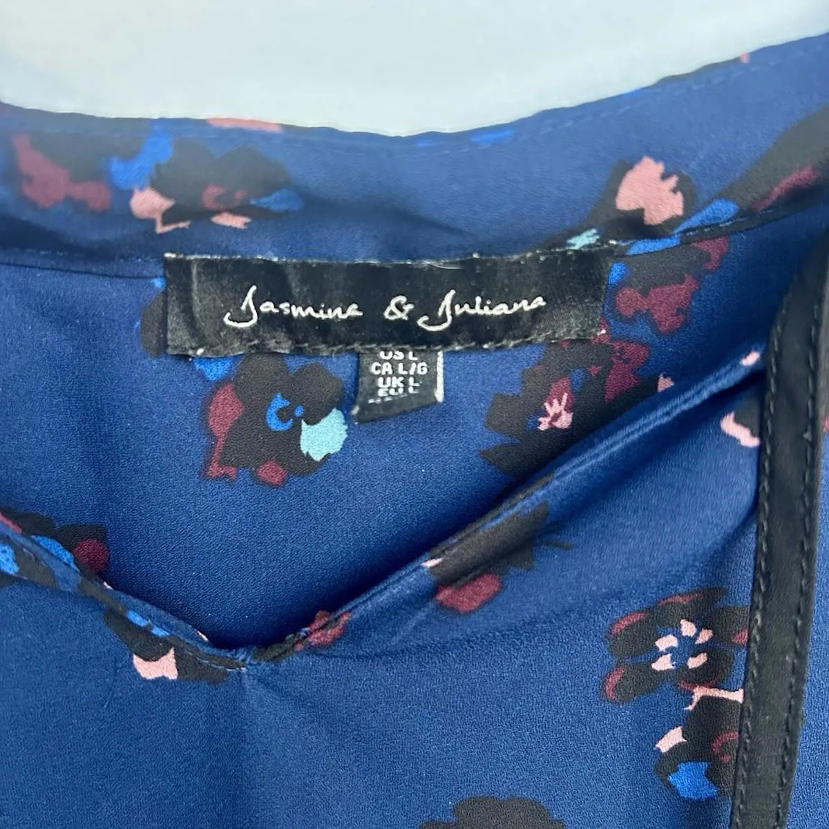 Jasmine & Juliana Women's Sheer Long Sleeve Blue Floral Blouse W/Tie Sz Large - Image 2