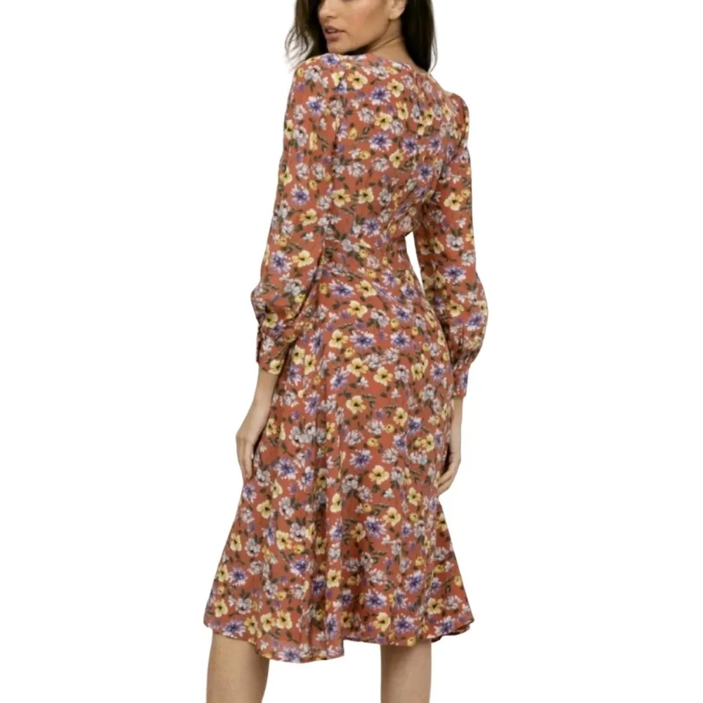 Yumi Kim Love Me Tender Dress in So Amazing Rust Floral Crew Neck Midi S New - Image 2
