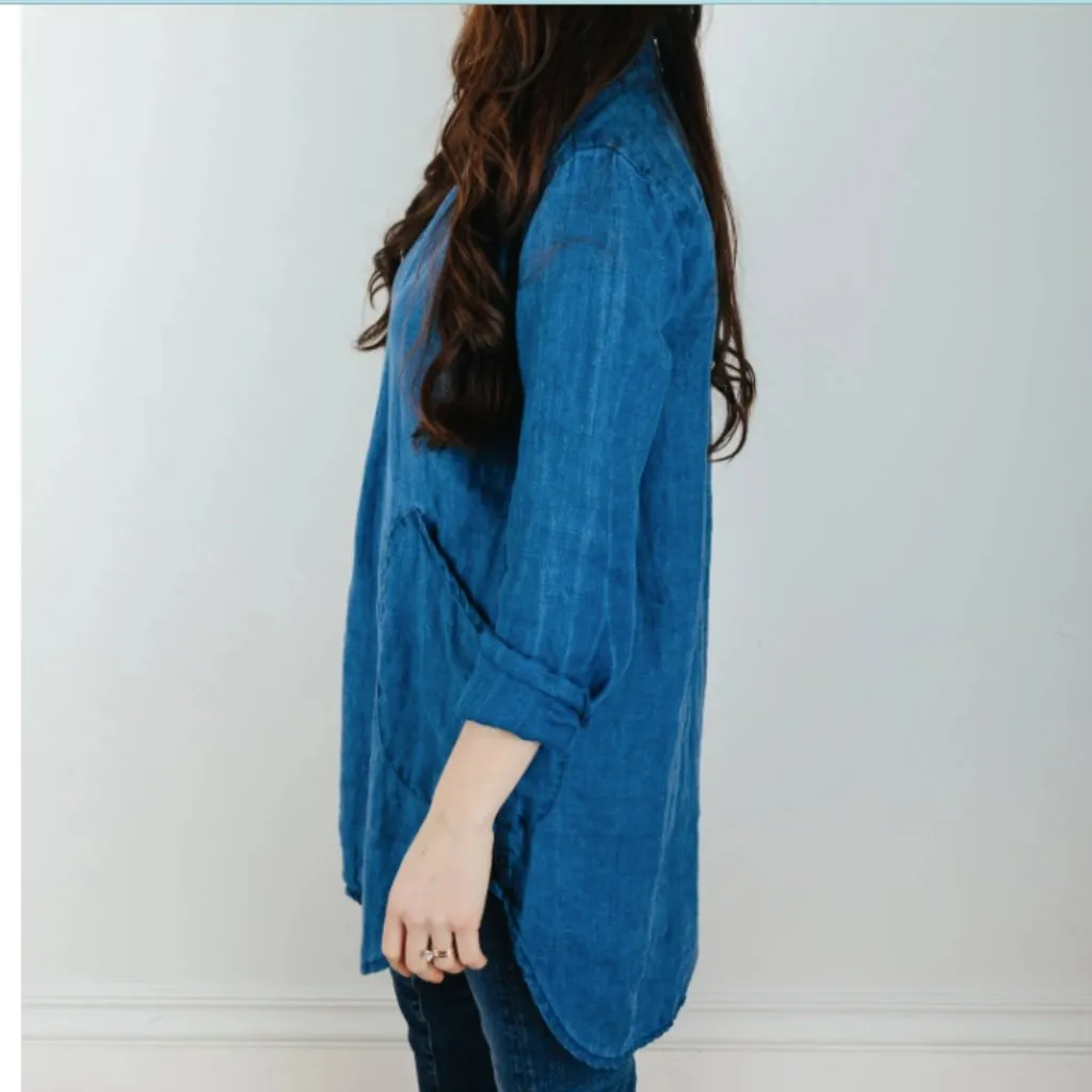 CP Shades Indigo Cotton Twill Tunic Shirt Sz Medium - READ Pockets Lightweight - Image 12