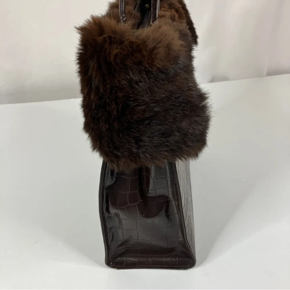 BHS British Home Store | Brown Faux Crocodile Fur Trim Handbag - Image 6