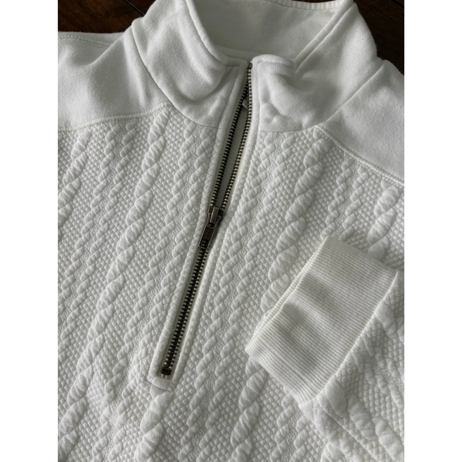 Women’s Orvis White Cable Knit 1/2 zip Sweater with Elbow Patches Size S - Image 2