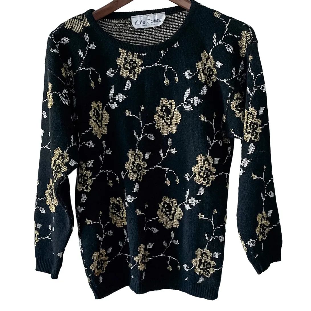 Vintage Metallic Gold Rose Dark Romance Crewneck Sweater size small medium S/M Black - Image 6