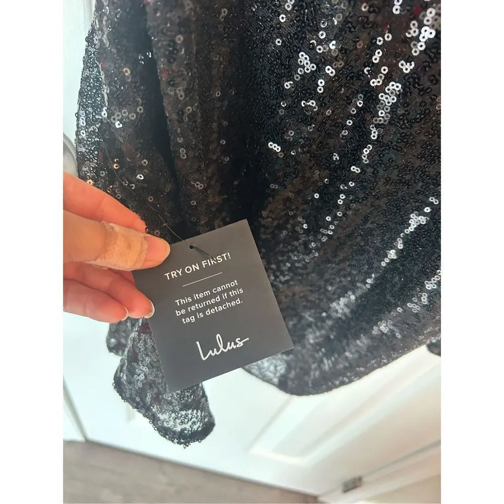 Lulus black  Sequin One-Shoulder Mini Bodycon Dress NWT long sleeve cut out side - Image 3