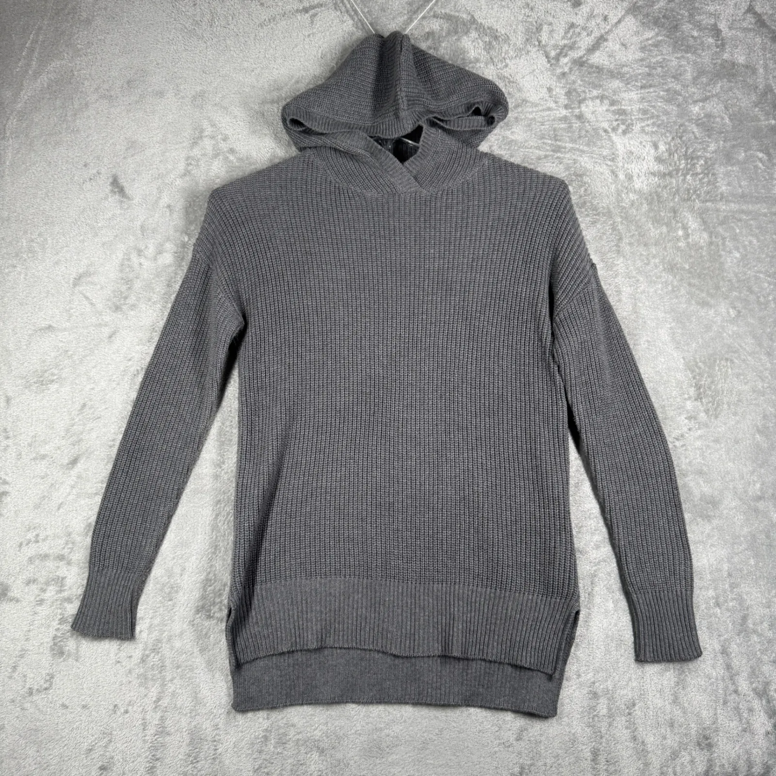 Cynthia Rowley‎ Sweater Womens XS Gray Waffle Knit Hoodie Neutral Minimalist - Image 2
