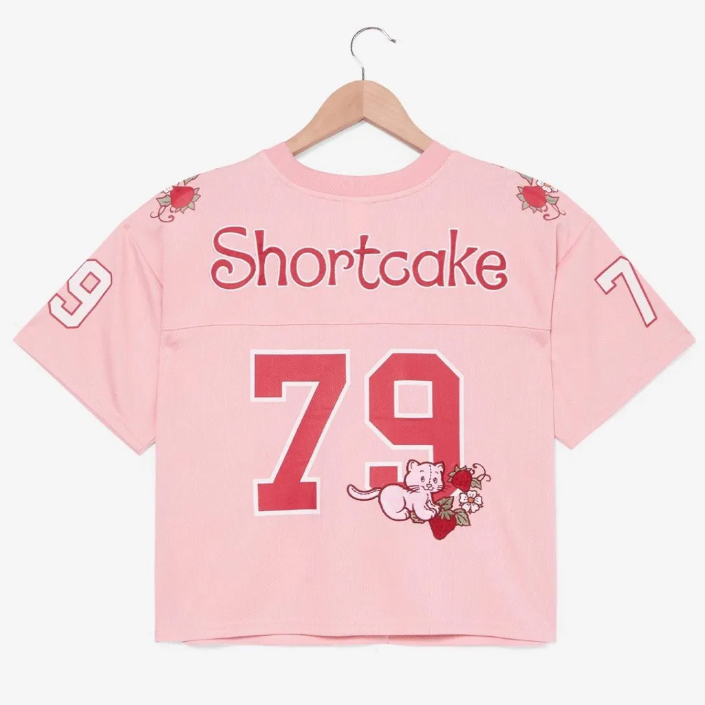 Strawberry Shortcake and Custard Cat Women's Cropped Pink Football Jersey - Image 3