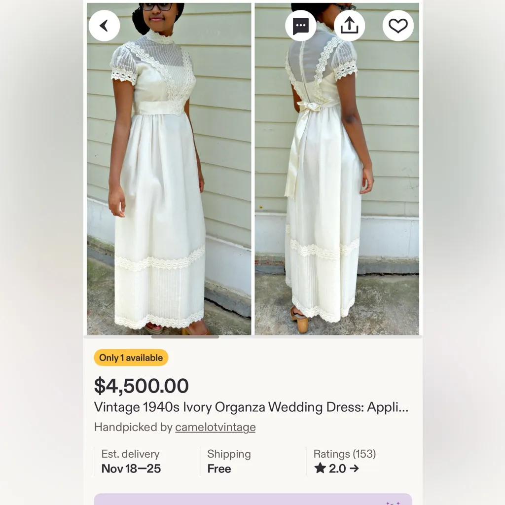 Vintage 1940s Ivory Organza Wedding Dress Appliqué Lace Antique Wedding - Image 16