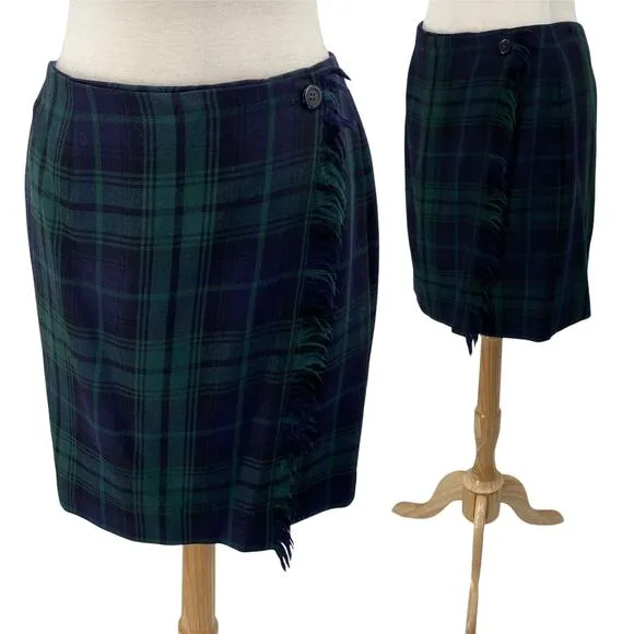 Vintage 90s Worsted Wool Skirt Tartan Plaid Wrap Navy Green Petite Womens M P Size undefined - Image 2