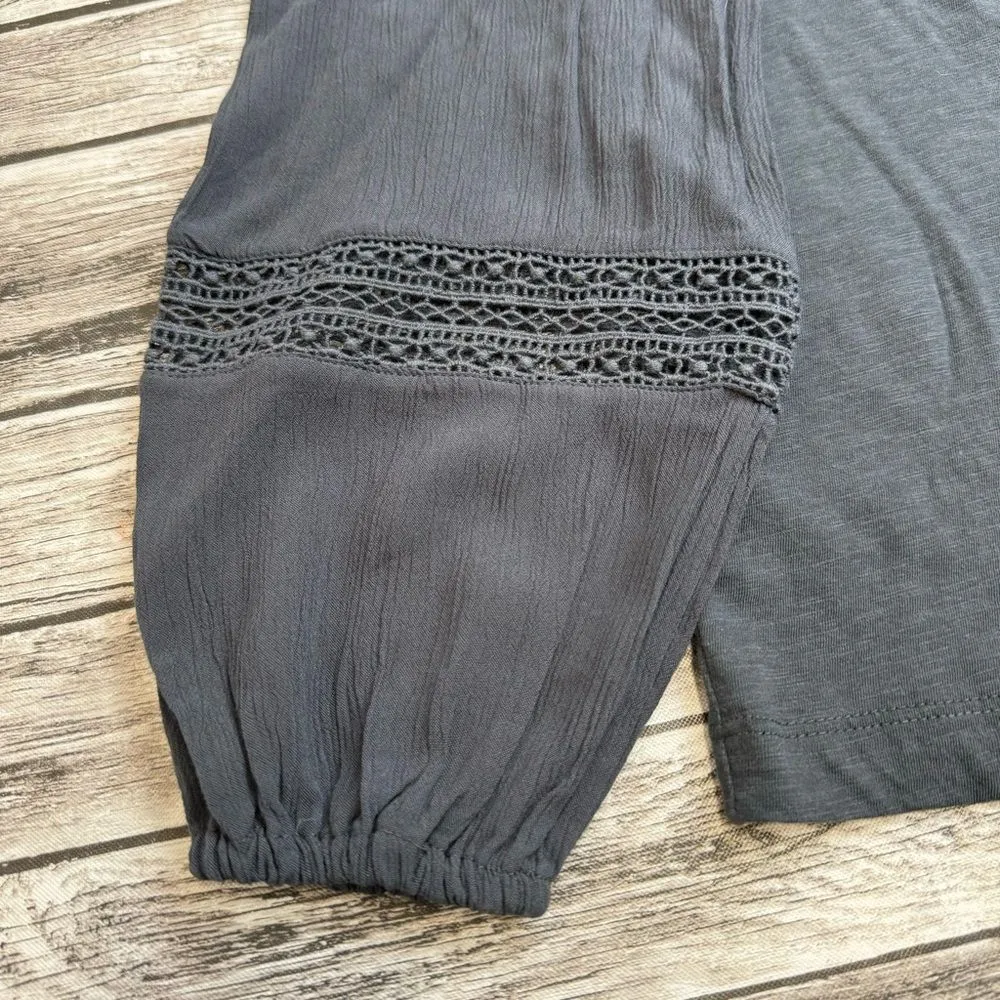 LOFT Women's Crinkle Lace Peasant Sleeve Blouse Top M Med Medium Dark Grey Gray - Image 7