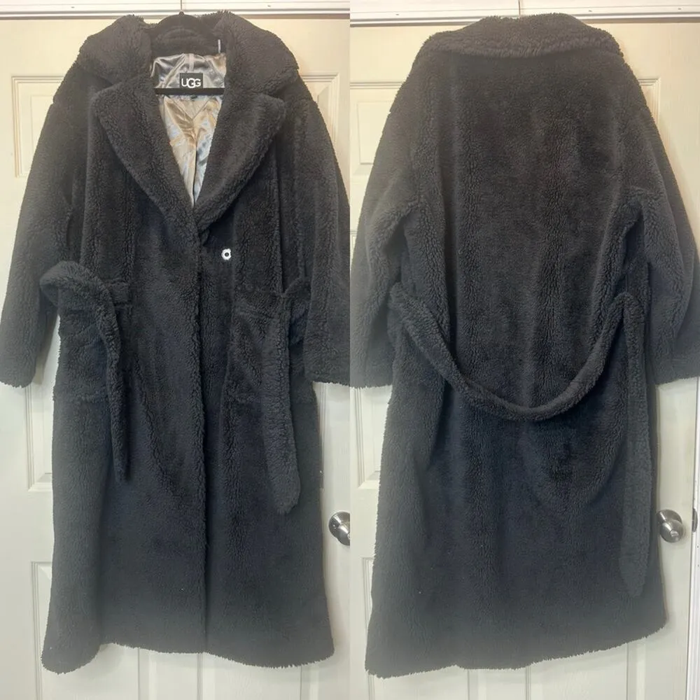 UGG Alesandra Faux Fur Wrap Coat Black Pockets Tie Waist Long Trench L / XL NWT - Image 2