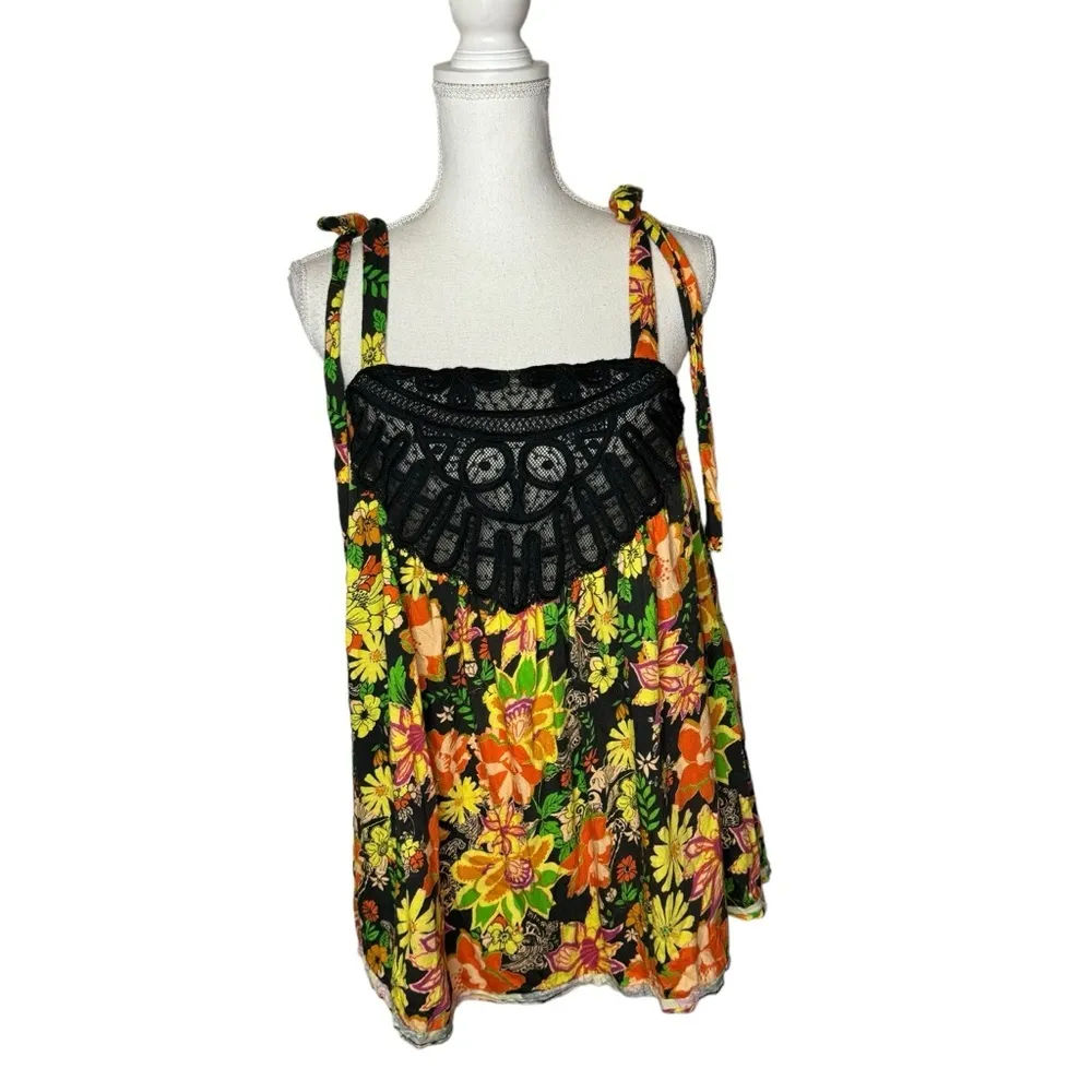 Free People Bali Moroccan Flowers Black Colorful Tie Strap Tank Top XS - Image 2