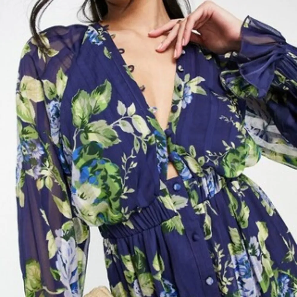 ASOS Design Curve Plus Size Satin Ruffle Floral Print Open Back Midi Dress 18 - Image 3