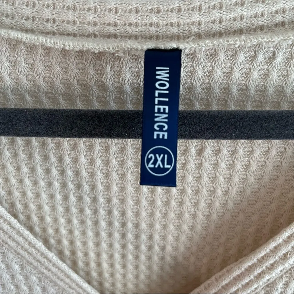 IWOLLENCE Waffle Knit Tunic Blouse Tie Knot Henley Button Up Oatmeal Sz 2X EUC - Image 4