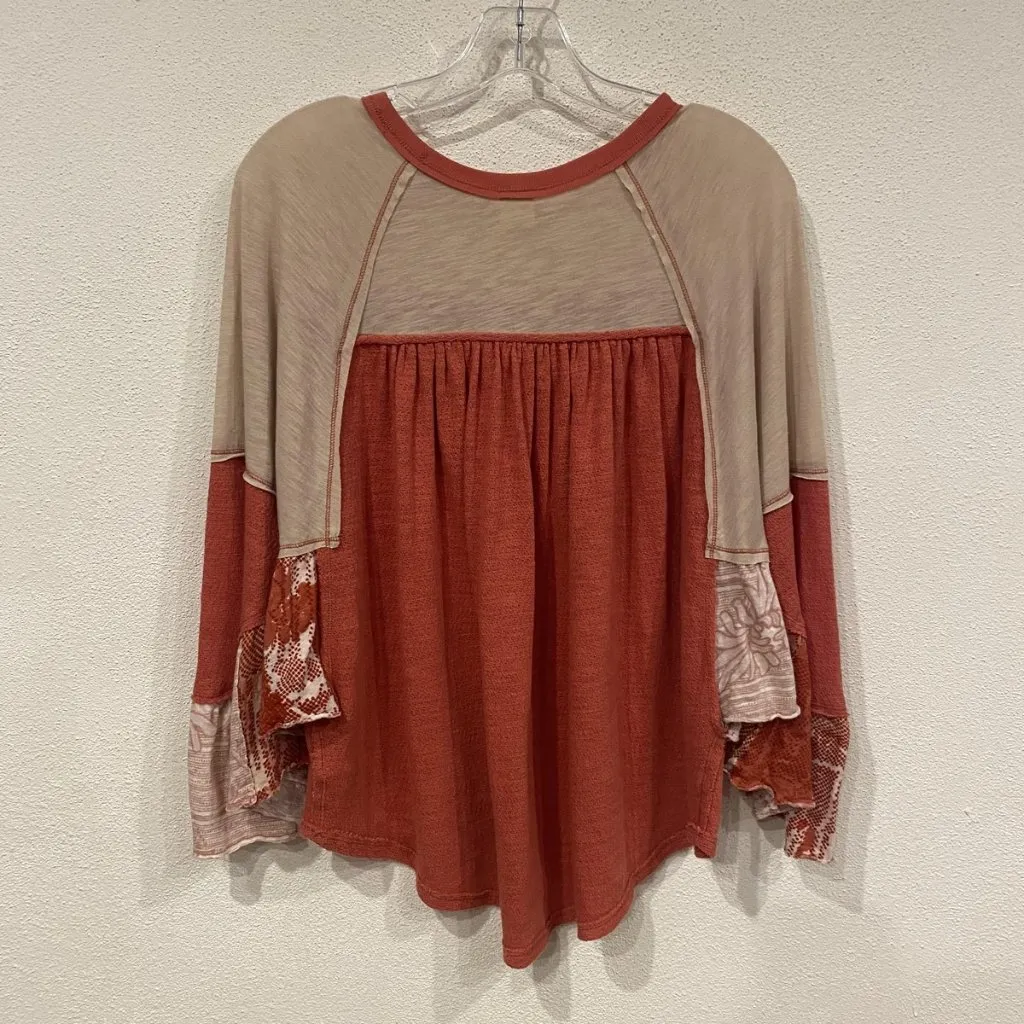 We The Free Friday Fever Shirt Womens Small Rust Beige Boho Top Flowy - Image 5