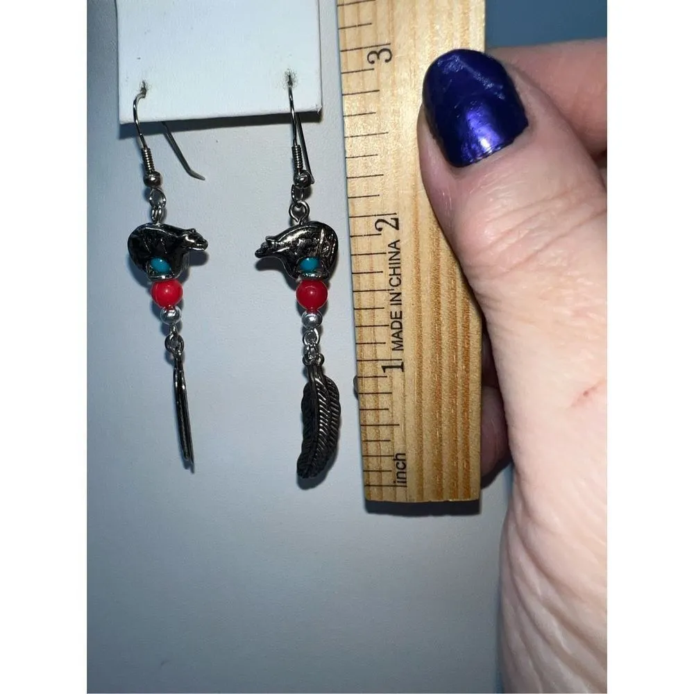 Silver Tone South Western Bear and Feather Dangle Earrings - Image 5